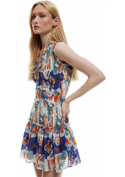 Etnik Desenli Bağlamalı Yaka Kolsuz Gipeli Fırfırlı Mini Elbise fiyatları