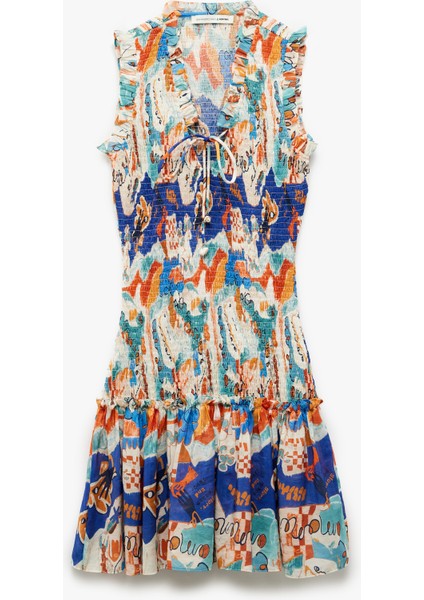 Etnik Desenli Bağlamalı Yaka Kolsuz Gipeli Fırfırlı Mini Elbise modelleri