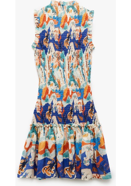 Etnik Desenli Bağlamalı Yaka Kolsuz Gipeli Fırfırlı Mini Elbise fırsatları