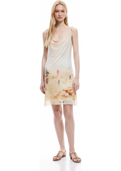 Astarlı Plaj Temalı Baskılı Degaje Yaka Askılı Tül Elbise