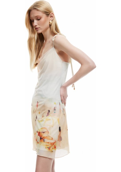 Astarlı Plaj Temalı Baskılı Degaje Yaka Askılı Tül Elbise modelleri