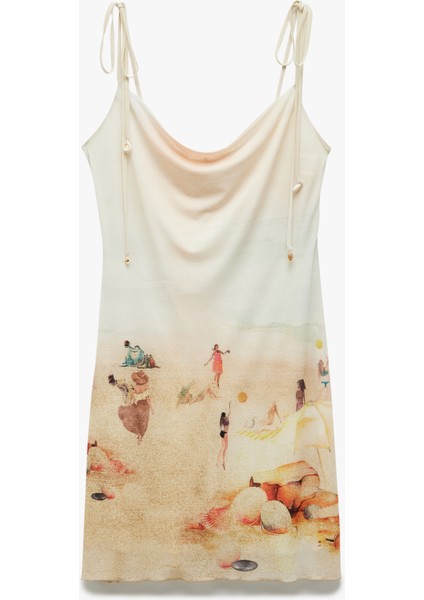 Astarlı Plaj Temalı Baskılı Degaje Yaka Askılı Tül Elbise fırsatları