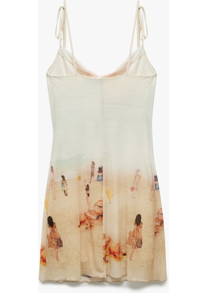 Astarlı Plaj Temalı Baskılı Degaje Yaka Askılı Tül Elbise indirimleri