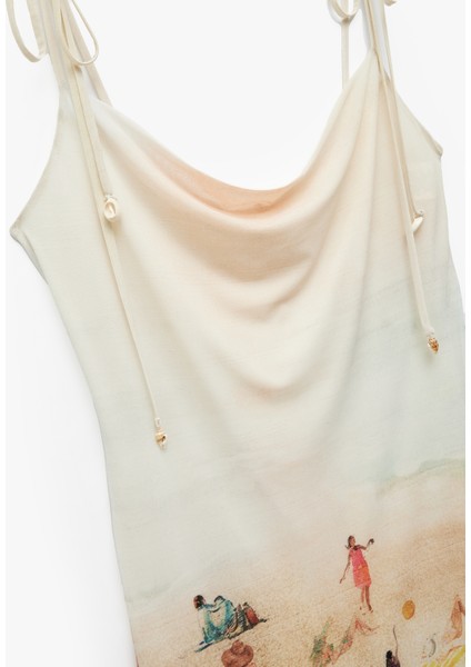 Astarlı Plaj Temalı Baskılı Degaje Yaka Askılı Tül Elbise