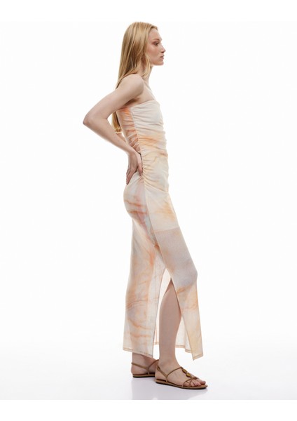 Drape Detaylı Astarlı Soyut Desenli Slim Fit Uzun Straplez Elbise