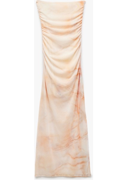 Drape Detaylı Astarlı Soyut Desenli Slim Fit Uzun Straplez Elbise modelleri