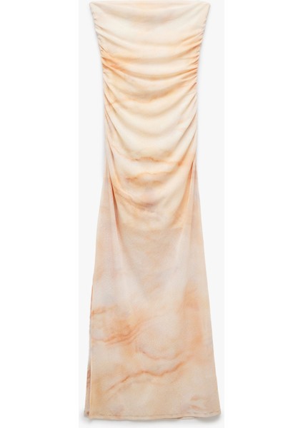 Drape Detaylı Astarlı Soyut Desenli Slim Fit Uzun Straplez Elbise fırsatları