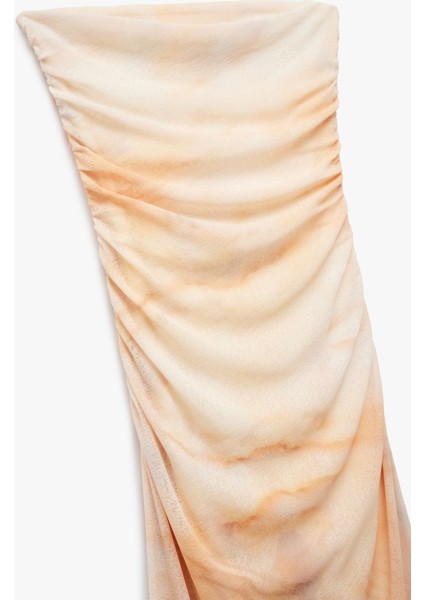 Drape Detaylı Astarlı Soyut Desenli Slim Fit Uzun Straplez Elbise indirimleri