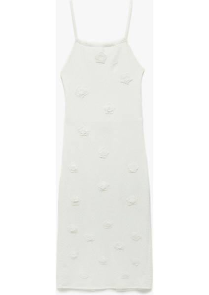 Slim Fit Astarlı Çiçek Aplike Detaylı Ince Askılı Midi Boy Elbise