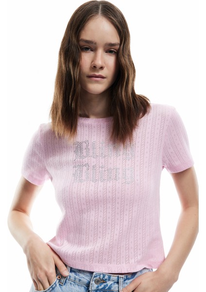 Taş Detaylı Bisiklet Yaka Dar Kesim Pamuklu Kısa Kollu Baskılı Tişört