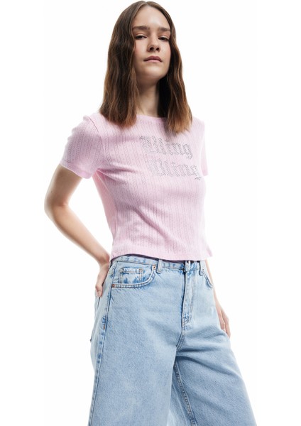 Taş Detaylı Bisiklet Yaka Dar Kesim Pamuklu Kısa Kollu Baskılı Tişört fiyatları