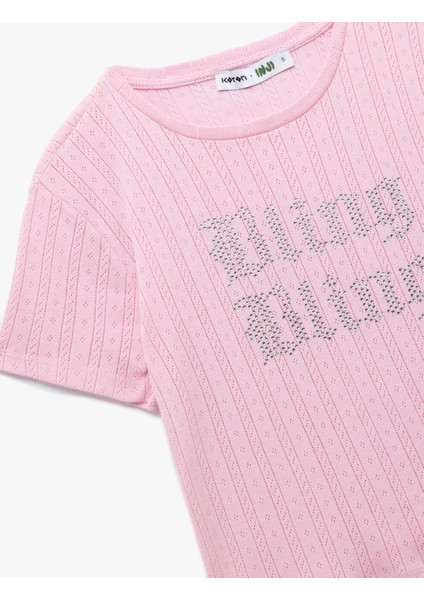 Taş Detaylı Bisiklet Yaka Dar Kesim Pamuklu Kısa Kollu Baskılı Tişört indirimleri