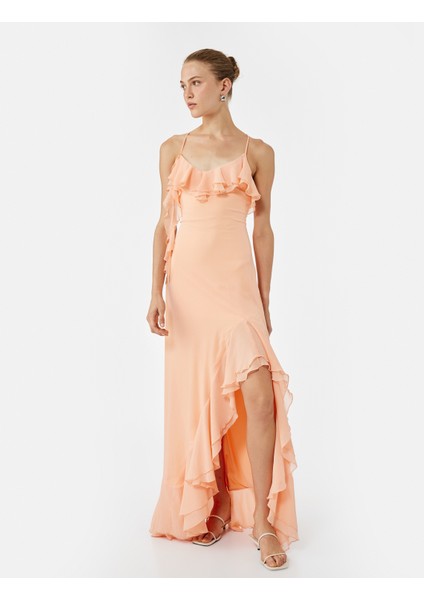 Volanlı Fırfırlı Asimetrik Kesim Slim Fit Askılı Elbise