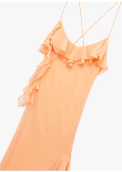 Volanlı Fırfırlı Asimetrik Kesim Slim Fit Askılı Elbise