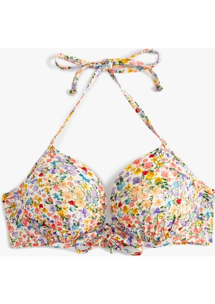Çiçekli Push-Up Bikini Üstü Balenli Dolgulu Boyundan Bağlamalı