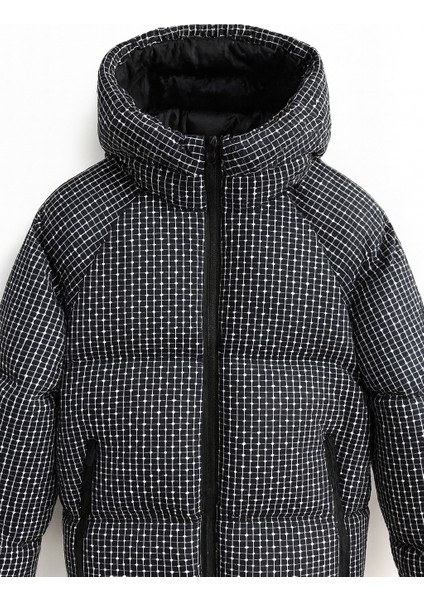 Erkek Astarlı Su ve Rüzgar Geçirmez Kapüşonlu Baskılı Şişme Mont