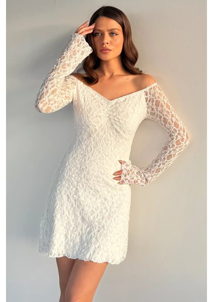 Kadın V Yaka Dantelli Iç Astarlı Ispanyol Kol Mini Elbise P-00019223