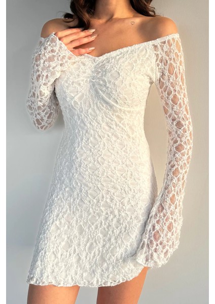 Kadın V Yaka Dantelli Iç Astarlı Ispanyol Kol Mini Elbise P-00019223 fırsatları
