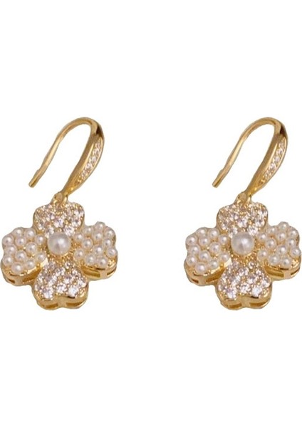 S925 Incili Zirkonyum Çiçekli Kulak Kancaları Küpeler (Yurt Dışından)