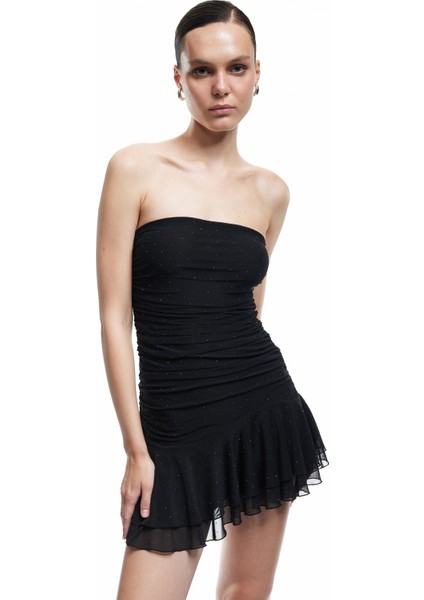 Slim Fit Tül Etek Ucu Detaylı Taşlı Straplez Mini Elbise fiyatları