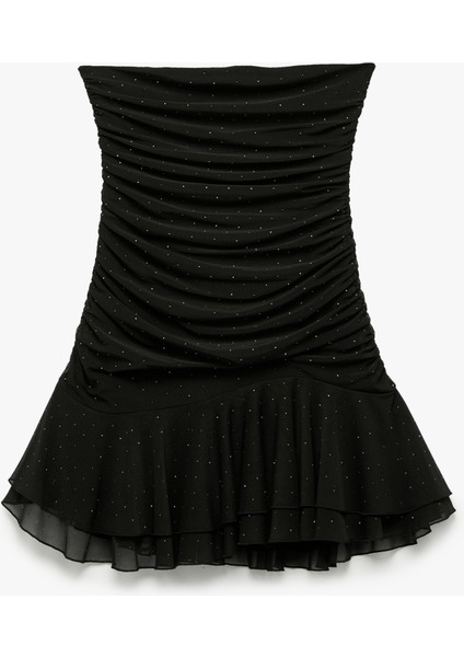 Slim Fit Tül Etek Ucu Detaylı Taşlı Straplez Mini Elbise fırsatları