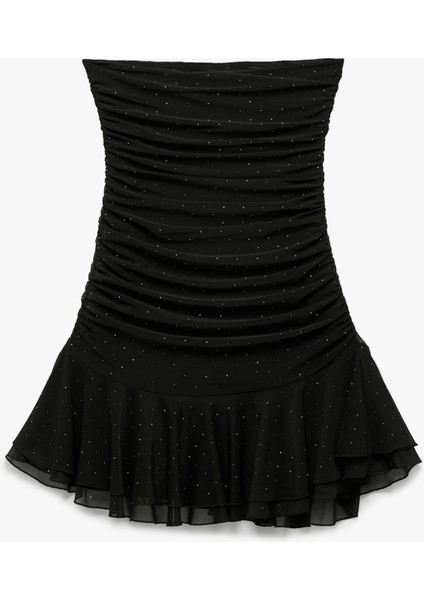 Slim Fit Tül Etek Ucu Detaylı Taşlı Straplez Mini Elbise indirimleri