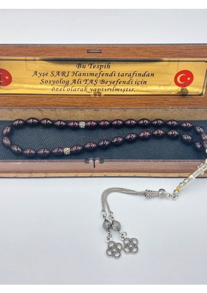 Siyah Mavi Arpa Kesim Alpaka Püsküllü Ateş Kehribar Tespih(Ahşap Kutulu) fiyatları