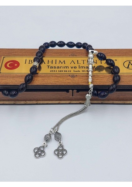 Siyah Mavi Arpa Kesim Alpaka Püsküllü Ateş Kehribar Tespih(Ahşap Kutulu)