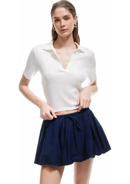 Pullu Payetli Kısa Kollu Triko Polo Yaka Kazak