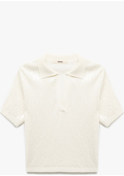 Pullu Payetli Kısa Kollu Triko Polo Yaka Kazak modelleri