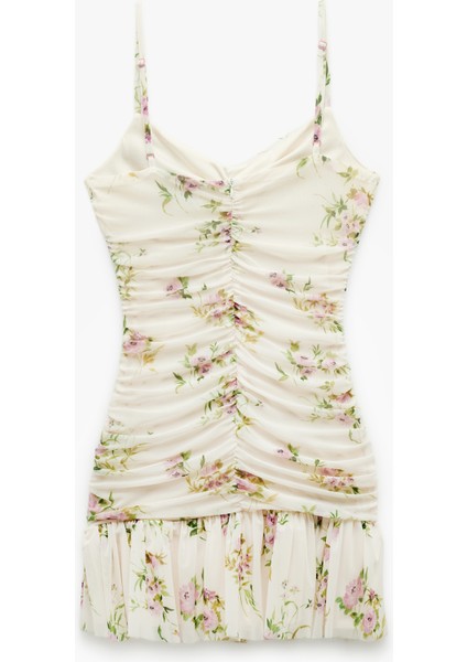 Slim Fit Drapeli Ince Askılı Mini Çiçekli Elbise fırsatları