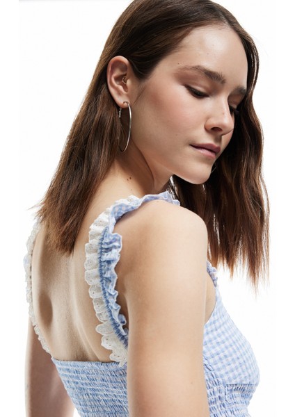 Dantelli Balerin Yaka Gipeli Pötikareli Kolsuz Crop Bluz