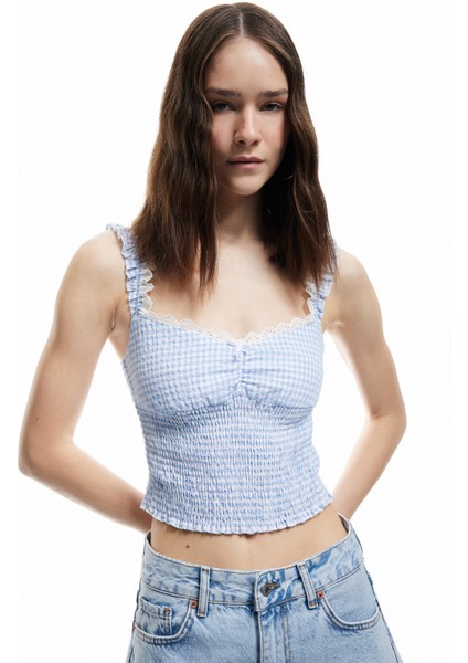 Dantelli Balerin Yaka Gipeli Pötikareli Kolsuz Crop Bluz fiyatları