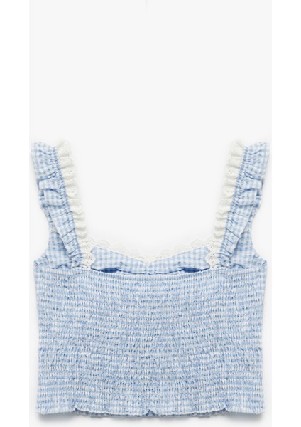 Dantelli Balerin Yaka Gipeli Pötikareli Kolsuz Crop Bluz indirimleri