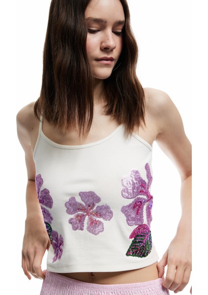 Pamuklu Çiçekli Kolsuz Askılı Pullu Payetli Crop Bluz