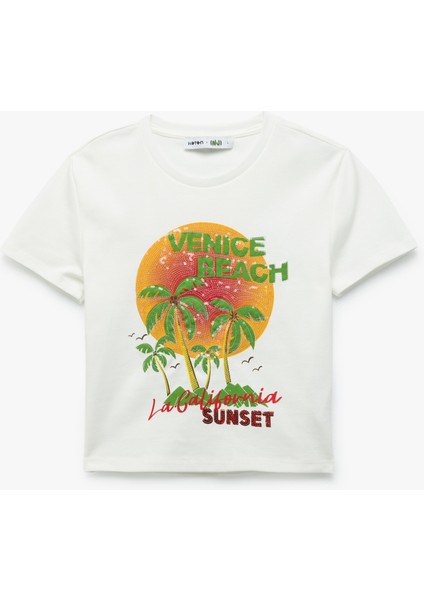 Pul Detaylı Bisiklet Yaka Kısa Kollu Crop Tişört modelleri