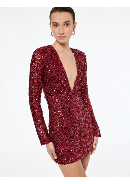 Derin V Yaka Uzun Kollu Payetli Mini Abiye Elbise