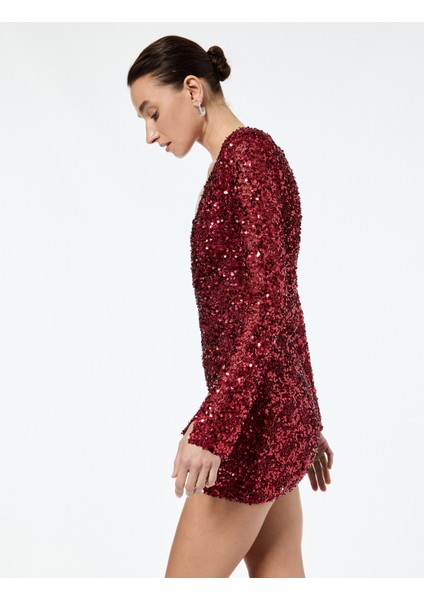 Derin V Yaka Uzun Kollu Payetli Mini Abiye Elbise fiyatları