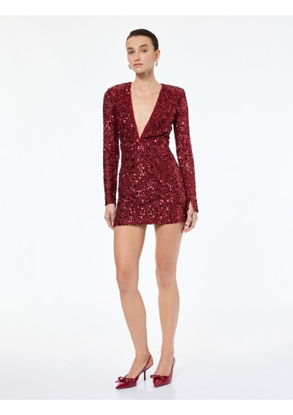 Derin V Yaka Uzun Kollu Payetli Mini Abiye Elbise modelleri