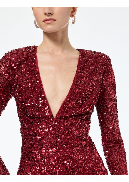Derin V Yaka Uzun Kollu Payetli Mini Abiye Elbise indirimleri