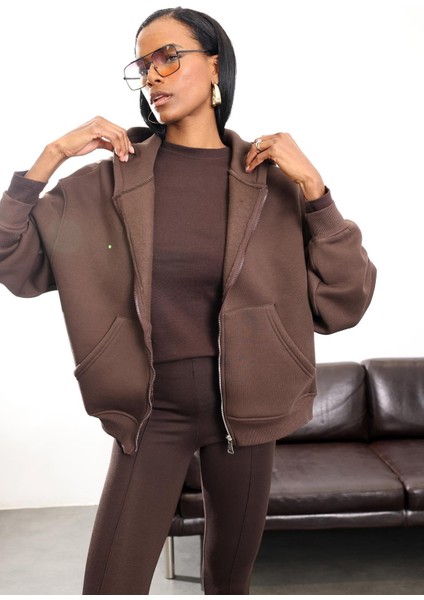 Kahverengi Fermuarlı Kapüşonlu Sweatshirt 10822 modelleri
