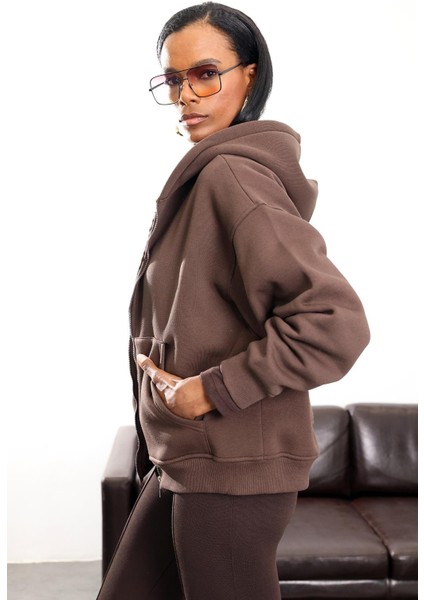 Kahverengi Fermuarlı Kapüşonlu Sweatshirt 10822 fırsatları