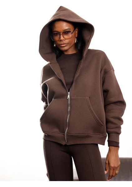Kahverengi Fermuarlı Kapüşonlu Sweatshirt 10822