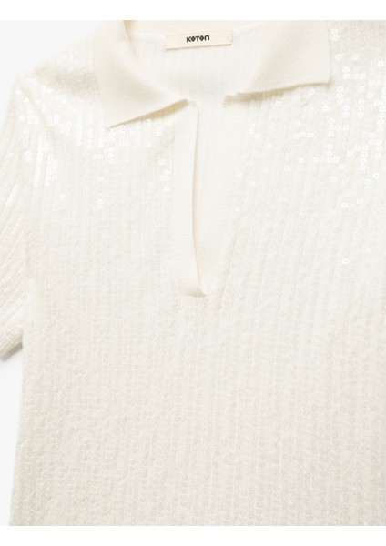 Pullu Payetli Kısa Kollu Triko Polo Yaka Kazak indirimleri