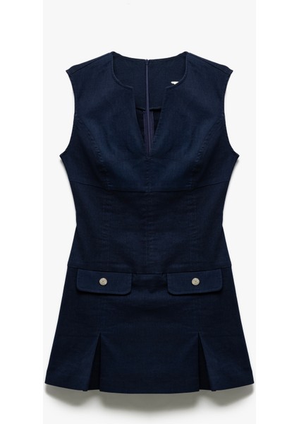 Aplike Detaylı Kolsuz Yuvarlak Kesik Yaka A Kesim Pileli Mini Elbise modelleri