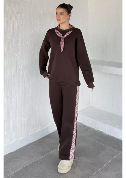 Kadın Fular Aksesuarlı Bisiklet Yaka Şardonlu Sweat Bel Lastikli Pantolon Ikili Takım P-00019143