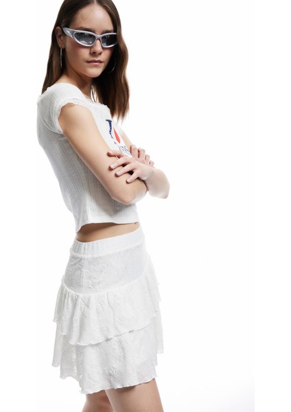 Yüksek Bel Katlı Volanlı Astarlı Jakarlı Mini Etek