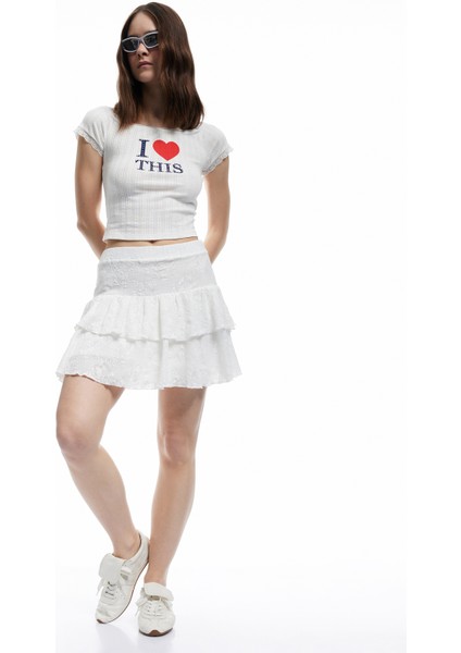 Yüksek Bel Katlı Volanlı Astarlı Jakarlı Mini Etek fiyatları