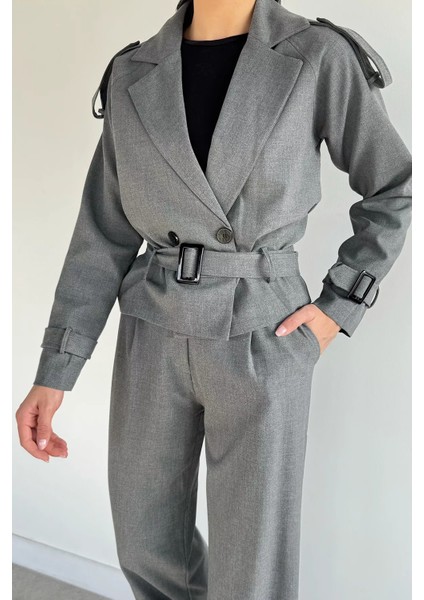 Kadın Iç Astarlı Kemer Detaylı Blazer Ceket Pantolon Ikili Takım P-00019233