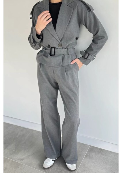 Kadın Iç Astarlı Kemer Detaylı Blazer Ceket Pantolon Ikili Takım P-00019233 fırsatları